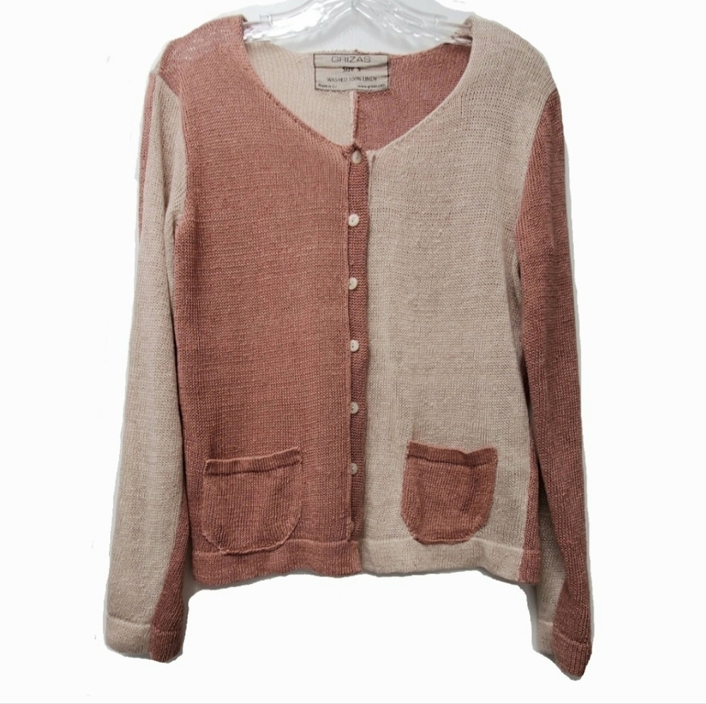 Grizas Color Block 100% Washed Linen Lagenlook Cardigan Size Small
